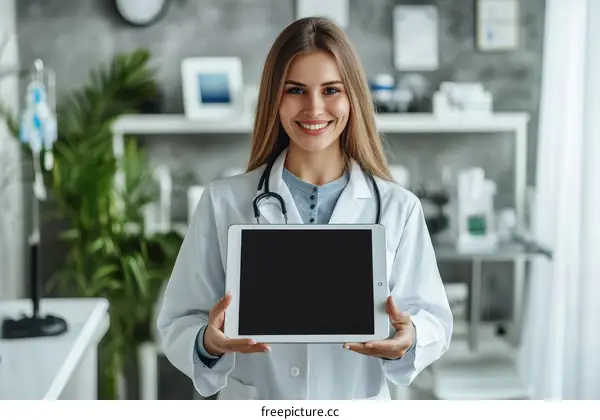 Female Doctor Showing a Blank Digital Tablet in Clinic