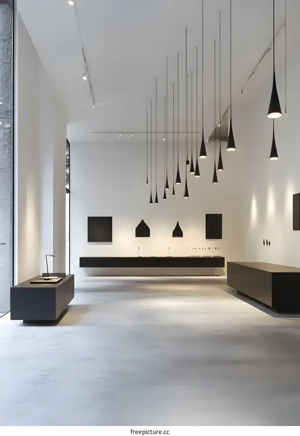 Modern Minimalist Interior Design with Black Lamps and White Walls