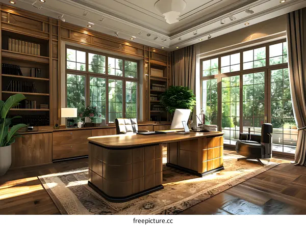 Luxury home office interior with wooden desk and leather chair