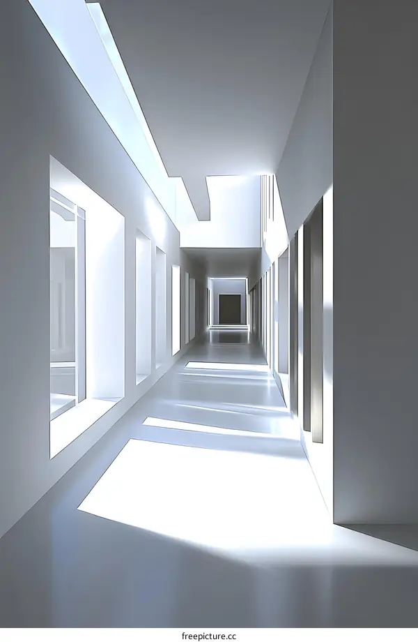 White Interior Corridor With Windows and Sunbeams