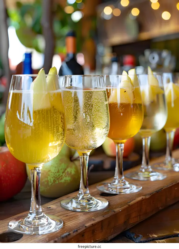 Closeup of Glasses of Sparkling Cider with Pear Slices