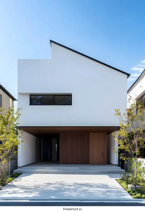 Modern White House Exterior with Wooden Entrance