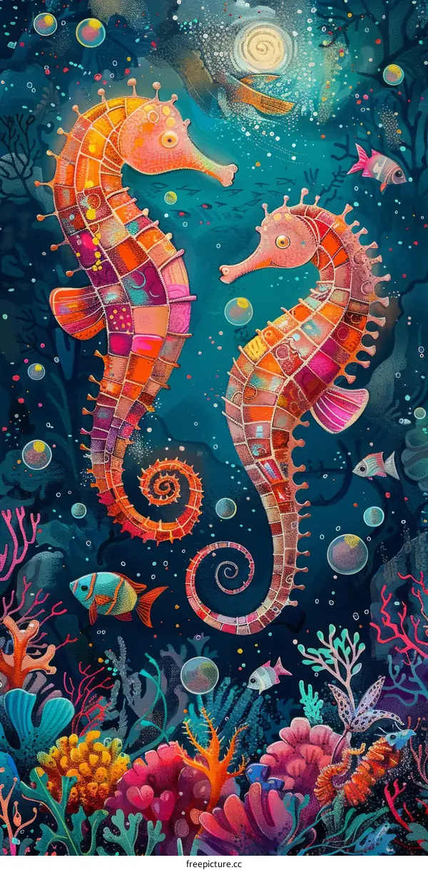 Two seahorses are swimming in the ocean surrounded by coral reefs and various species of fish