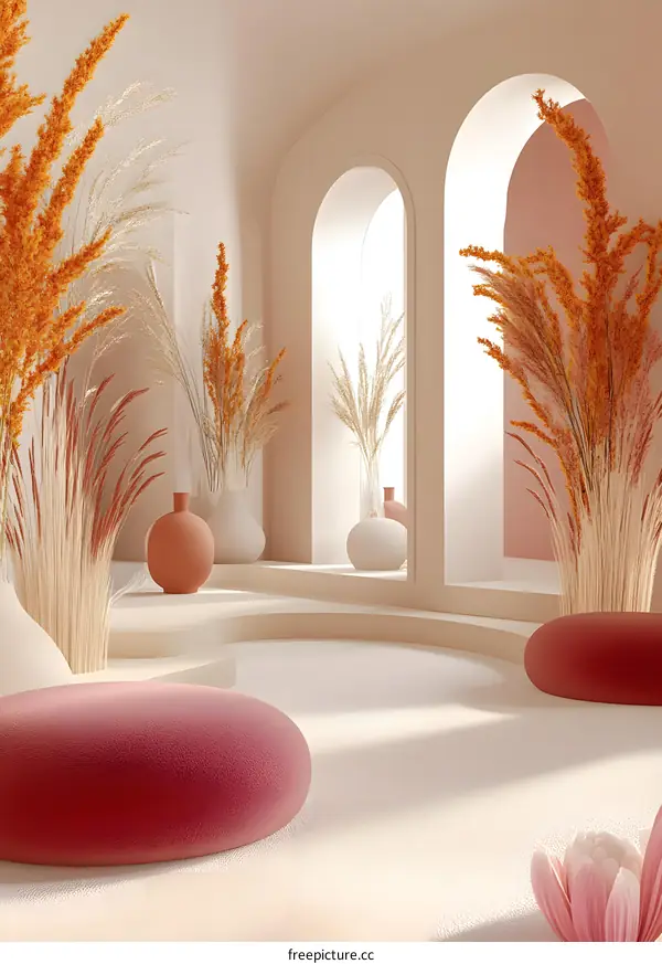 Minimalist Interior Design with Arches and Dried Flowers