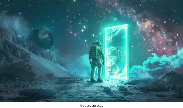 Astronaut looking at a portal to another dimension