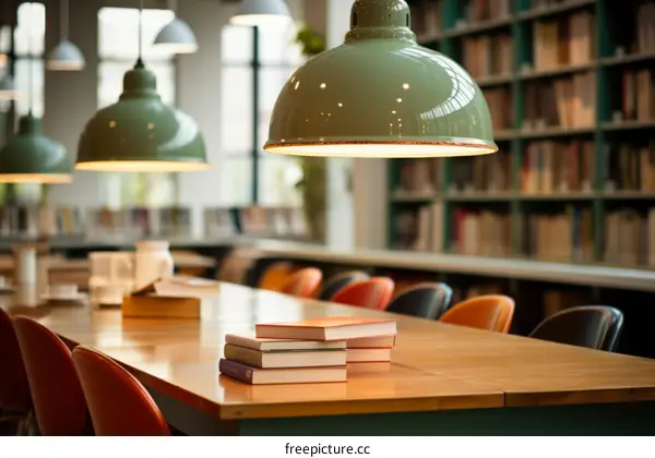 Books on a table in a library with green lamps