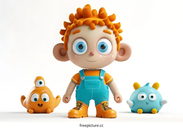 Cartoon Boy With Two Cute Monsters