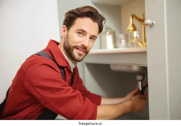 Plumber Working Under Kitchen Sink