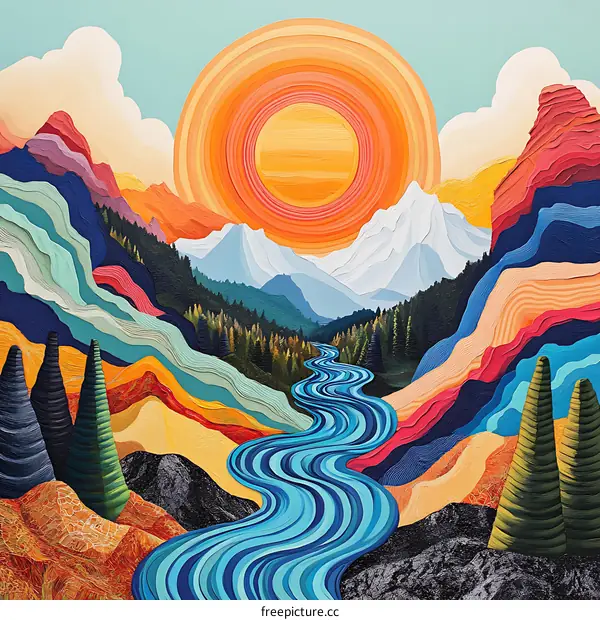 Abstract Landscape with Wavy River and Sun