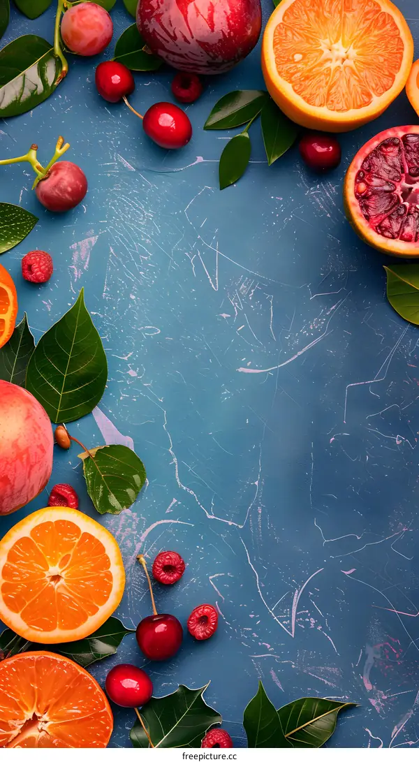 Fresh Fruit Flatlay With Blue Background
