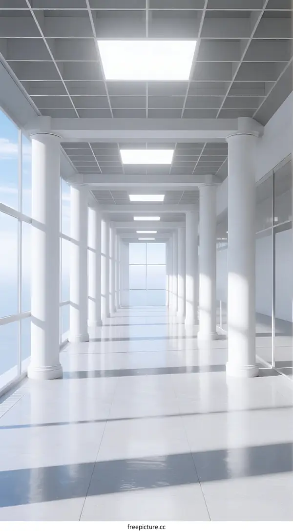 Modern Corridor with Bright Lighting and White Columns
