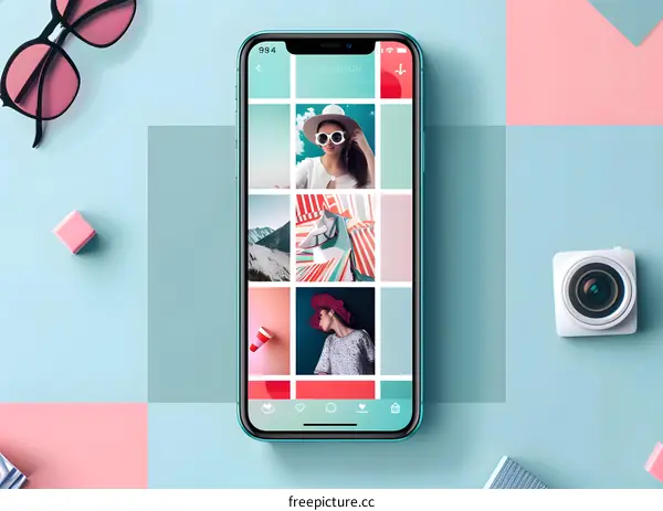 Top View of a Phone Screen with Social Media App and Colorful Background
