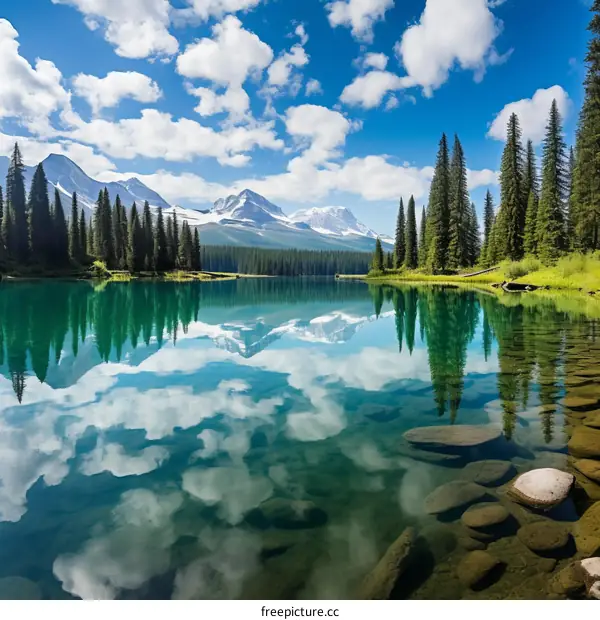 The crystal clear water of a mountain lake reflects the beauty of the surrounding mountains and forests
