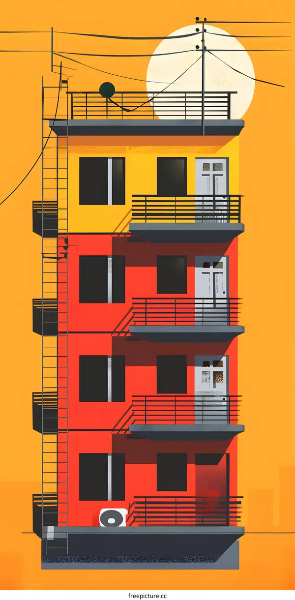 Minimalist Illustration Of A Red And Yellow Building With Balconies