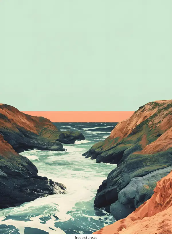 Sea Cliffs and Ocean Waves in a Minimalist Color Palette