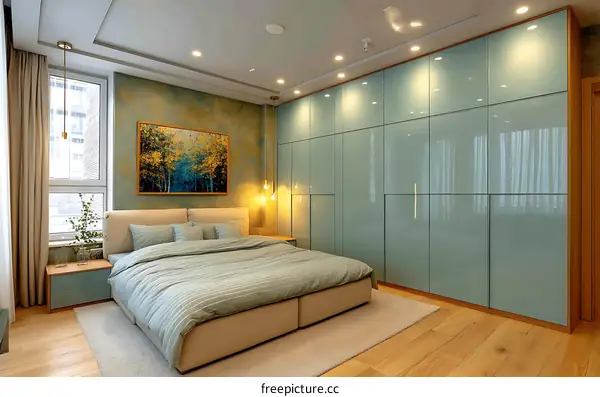 Modern Bedroom Interior with Light Teal Wardrobes