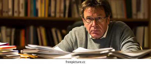 Man with Glasses Looking at Papers in a Library