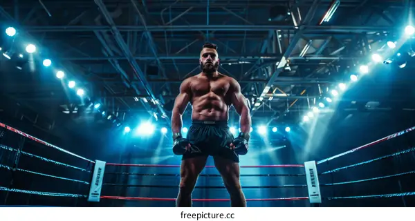 A muscular man standing in a boxing ring, ready to fight