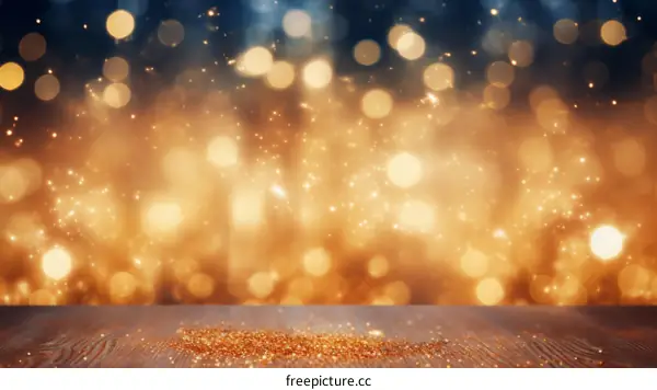Golden glitter particles on a wooden table with a blurred background of blue and gold lights