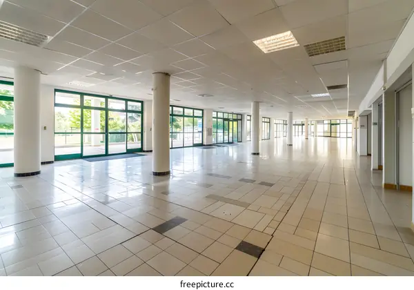 Empty Hallway With Large Windows And White Walls