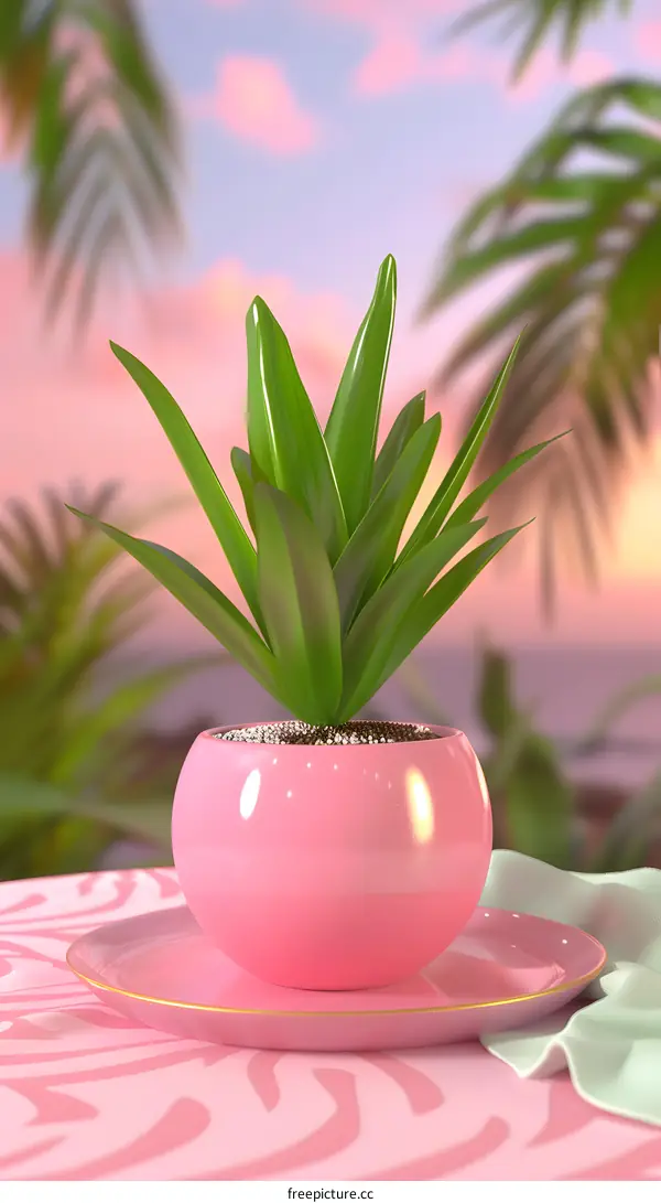 Pink Potted Plant with Tropical Sunset Background