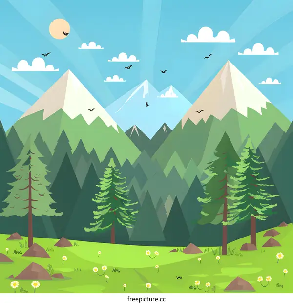 Green Mountain Landscape With Sun and Birds