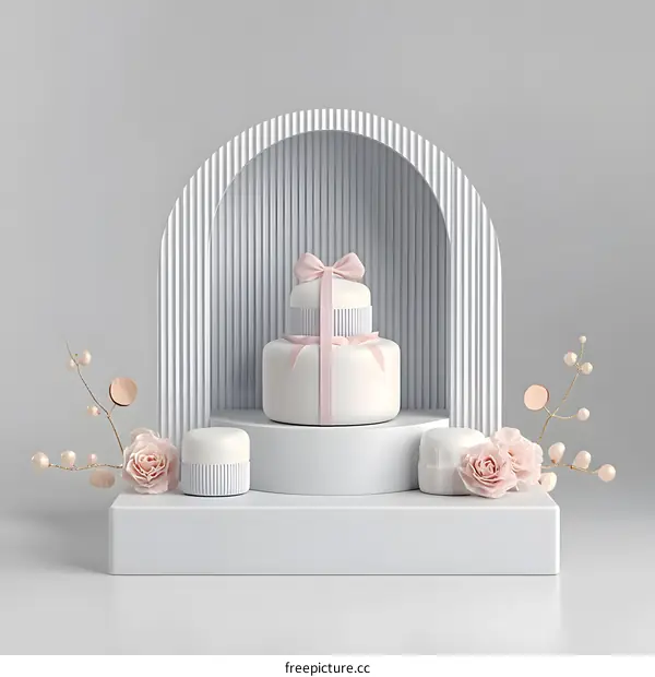 White Cake with Pink Ribbon on White Pedestal