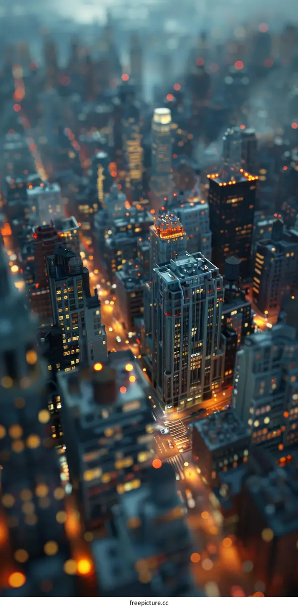 Miniature City with Illuminated Skyscrapers at Night