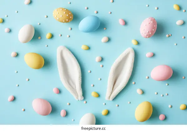 Easter Eggs and Bunny Ears Flat Lay Design