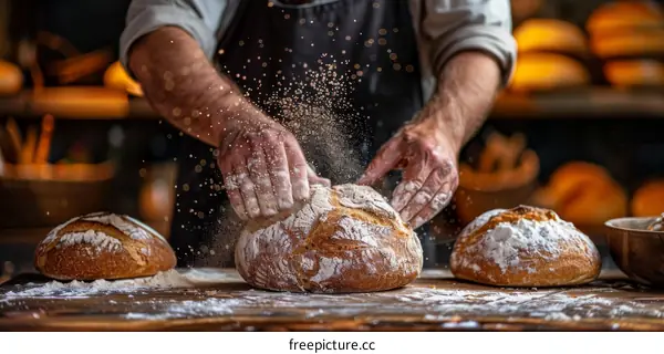 Baker carefully sprinkling flour on dough to prepare it for baking