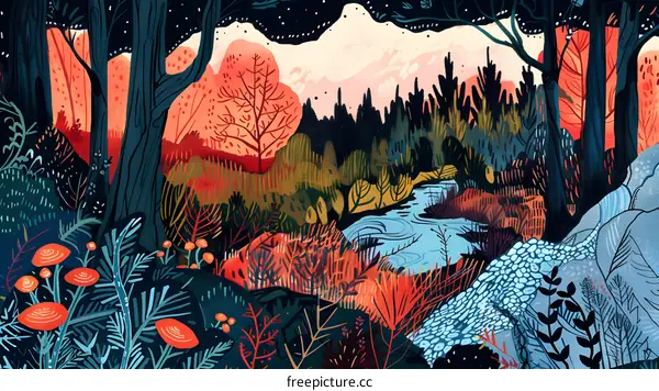 Forest Illustration With Blue River