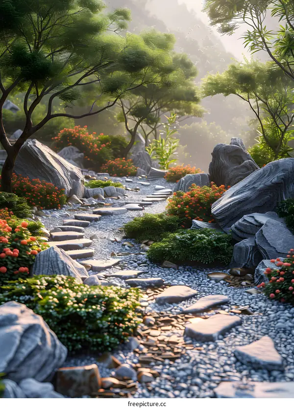 Stone slab path in a magical forest