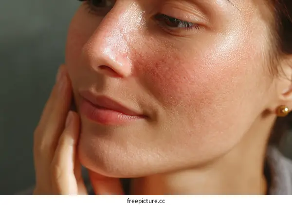 Close-up of woman with skin redness on cheek