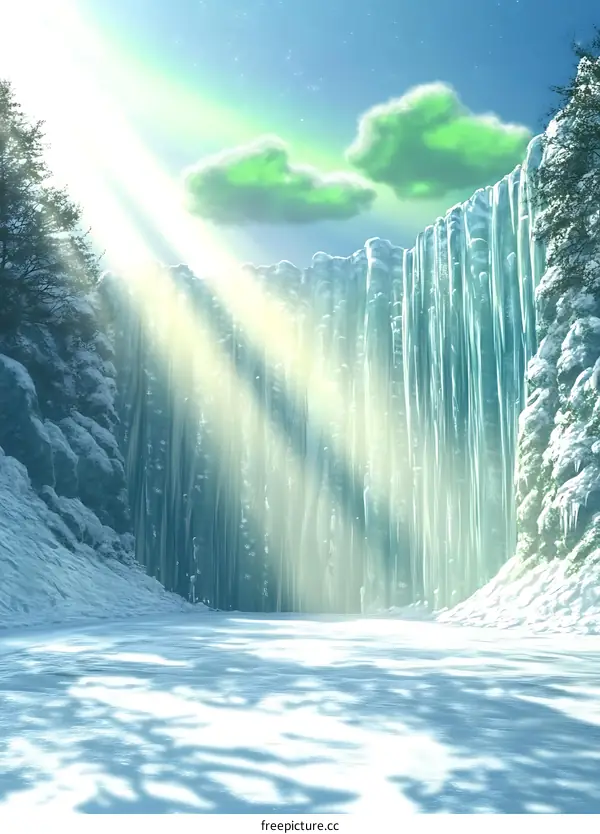 Winter Landscape with Frozen Waterfall and Sunlight