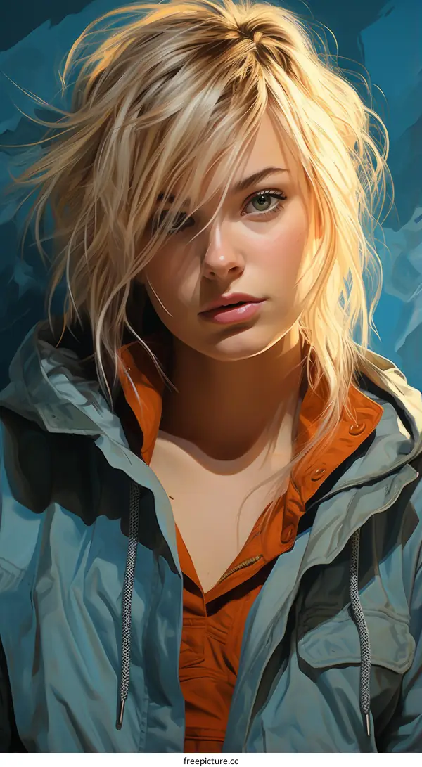 Portrait of a young woman with blonde hair and green eyes wearing a blue jacket