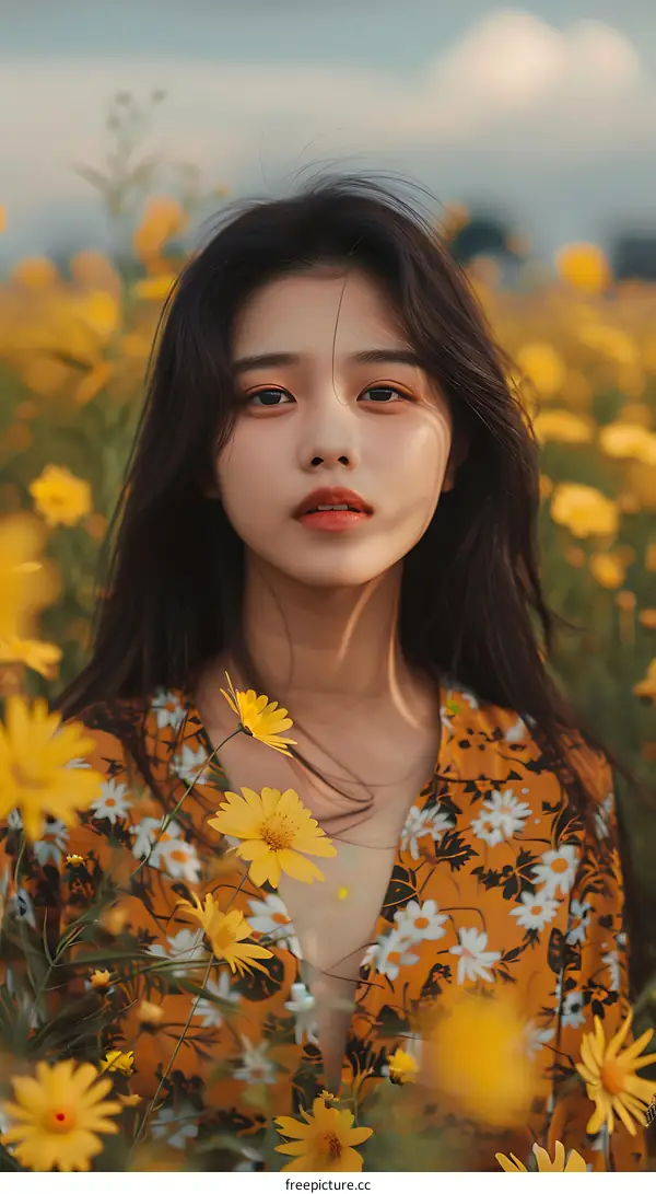 Beautiful Asian Woman in a Field of Yellow Flowers