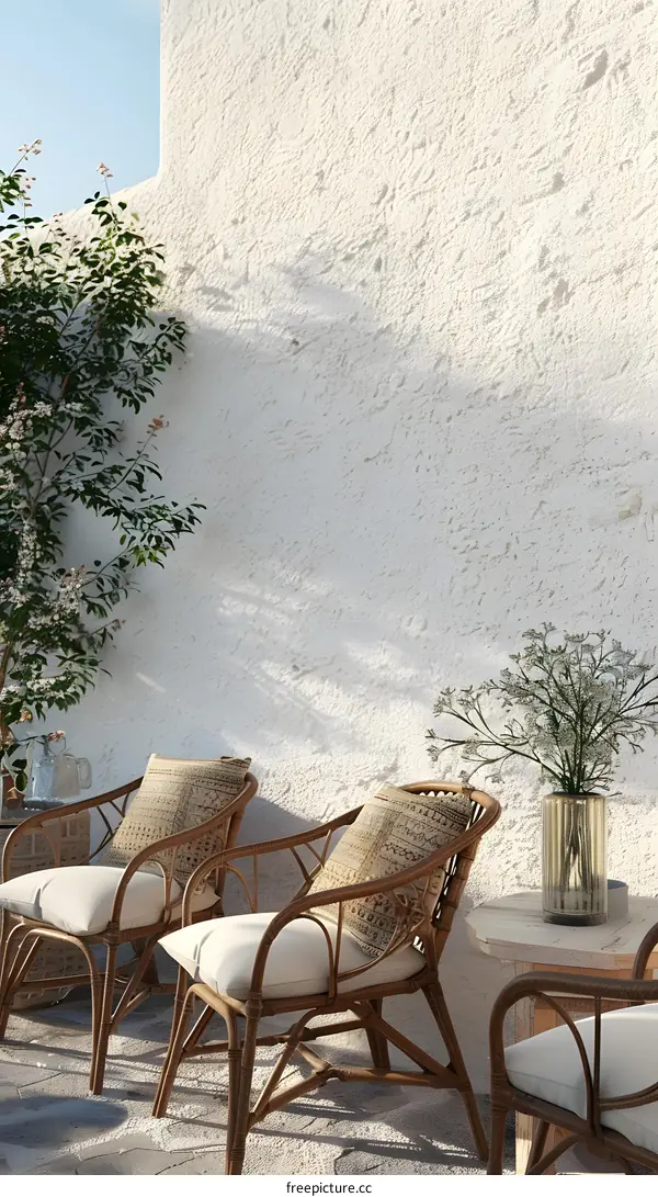 White Wall Patio With Wicker Chairs and Flowers