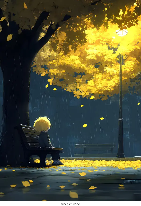 Lonely Boy Sitting on Bench Under Raining Tree