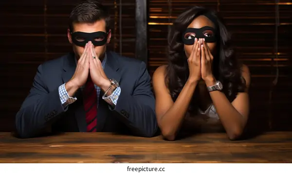 man and woman wearing black masks sitting at a table