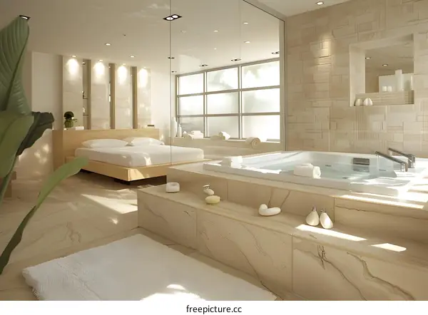 Luxurious Bathroom with Jacuzzi and Bed