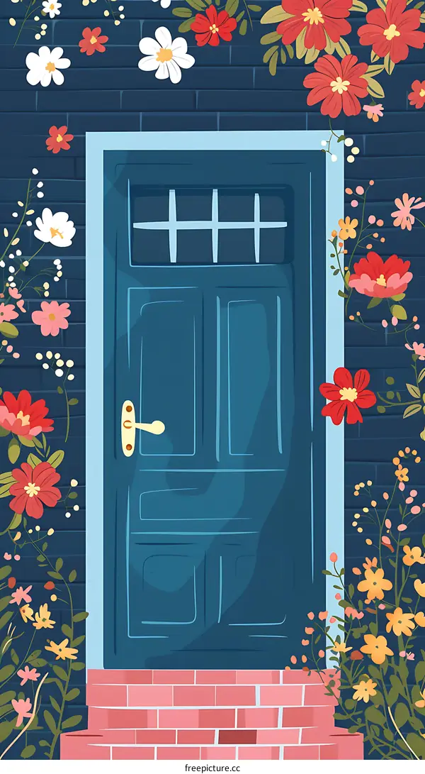 Blue Door with Flowers Illustration
