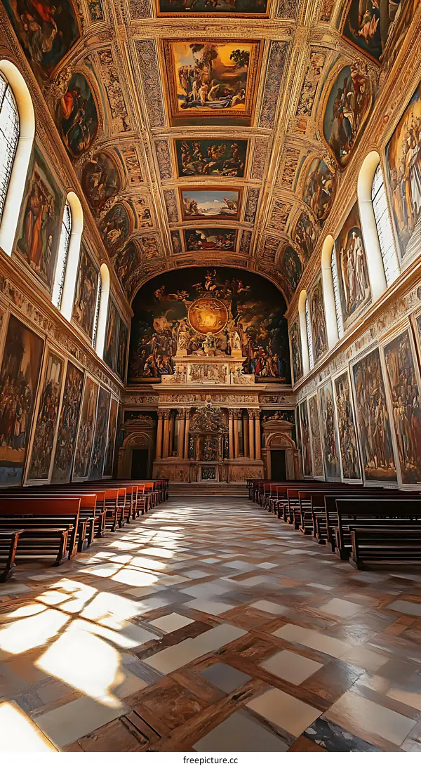 Interior of a Large Church with Paintings on the Ceiling