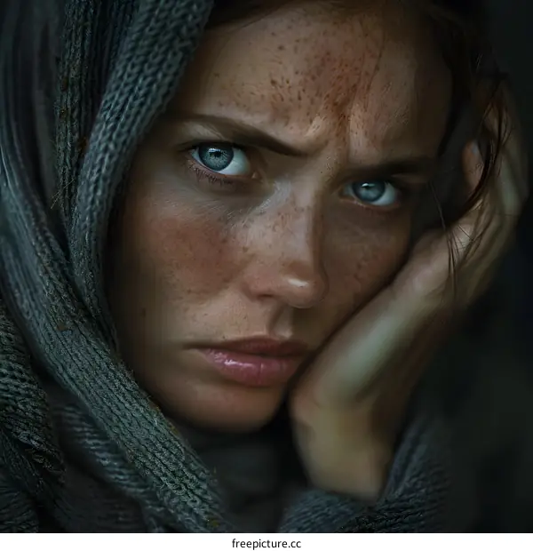 Portrait of a young woman with freckles and blue eyes