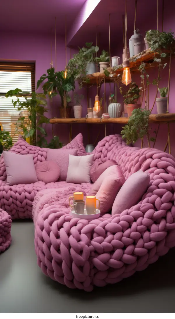 Cozy Pink Living Room Design with Sofa, Plants, and Candles