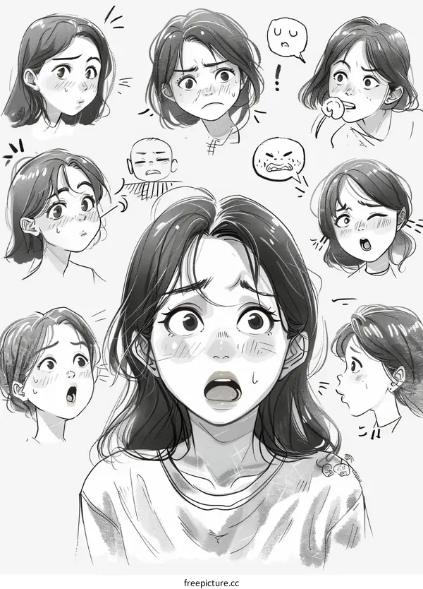 Various expressions of a young woman