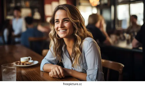 Portrait of a smiling woman sitting at a cafe table