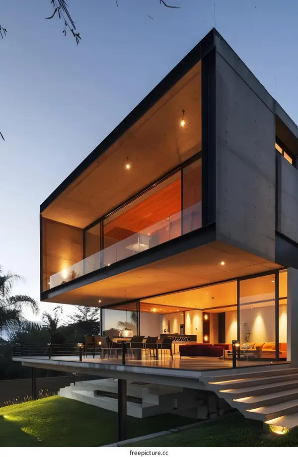 Modern Concrete Home with Large Windows and Terrace