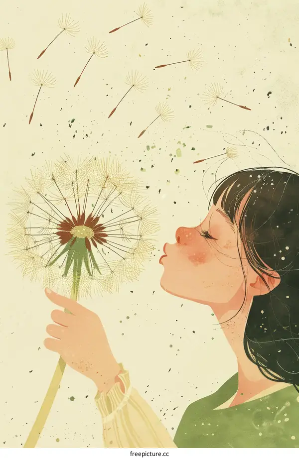 A girl blowing dandelion seeds under the blue sky