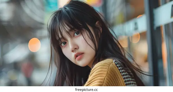 Young Asian Woman with Black Hair Looking at the Camera