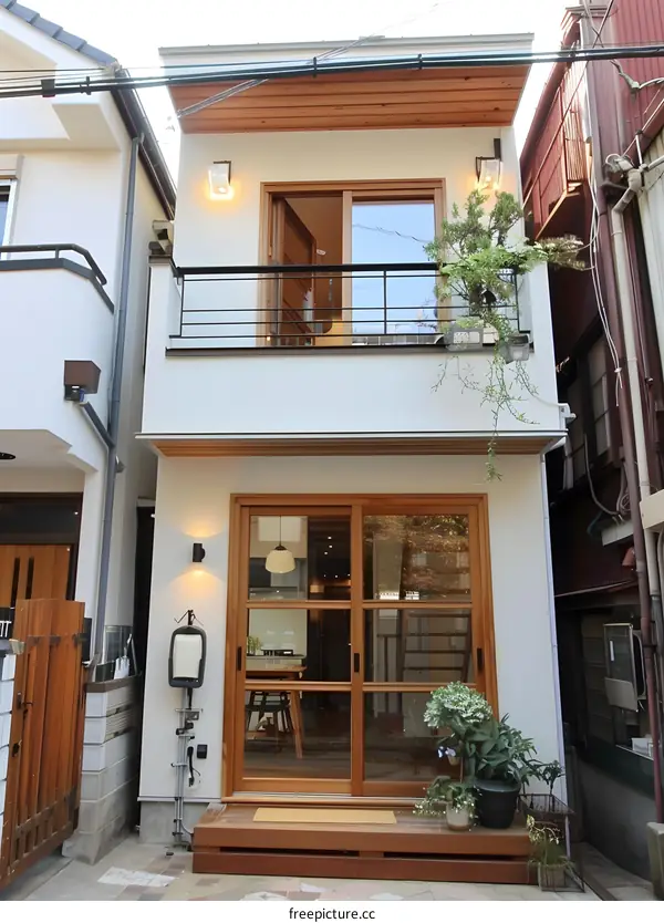 Modern Japanese House with Wooden Balcony and Patio
